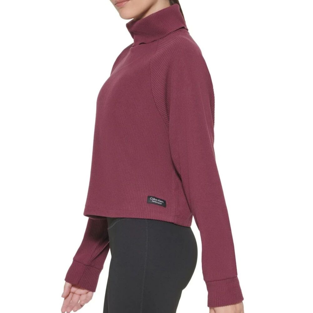 NWT Calvin Klein CK Boxy Cropped Relaxed Fit Thermal Turtleneck Shirt Burgundy S